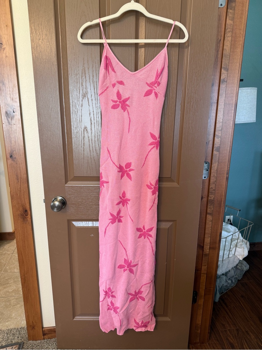 White Fox Boutique Pink Floral Slip Maxi Dress with Spaghetti Straps